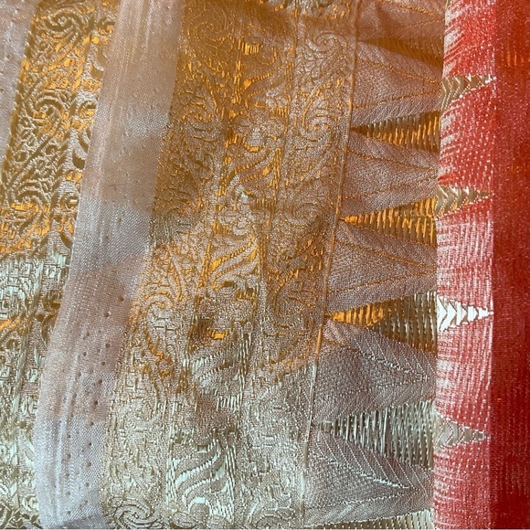Orange Sheer Saree Fabric With Embroidered Gold Trim - Picture 8 of 8
